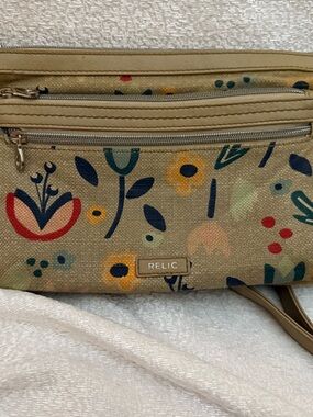 Relic Tan Floral Crossbody with Navy, Mustard & Red Accents